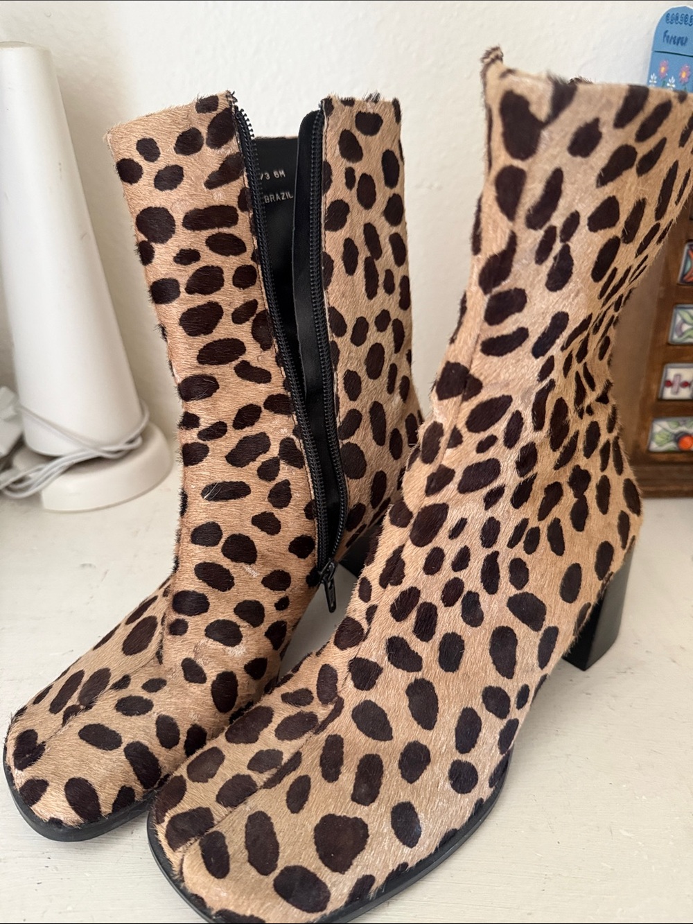 Leopard Print Mid-Calf Block Heel Boots - Tan/Black